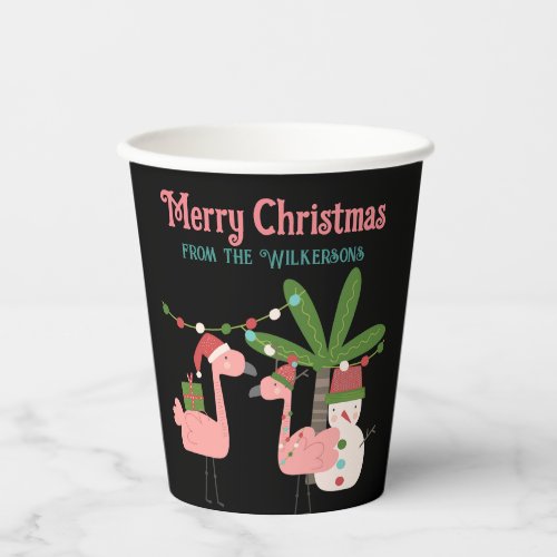 Tropical Christmas Pink Flamingos on Black Paper Cups