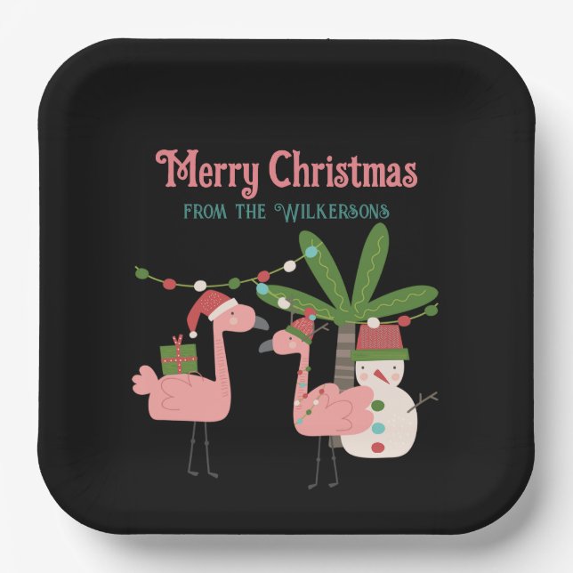 Tropical Christmas Pink Flamingos on Black Paper Plates (Front)