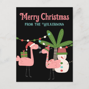 Tropical Christmas Pink Flamingos on Black Postcard