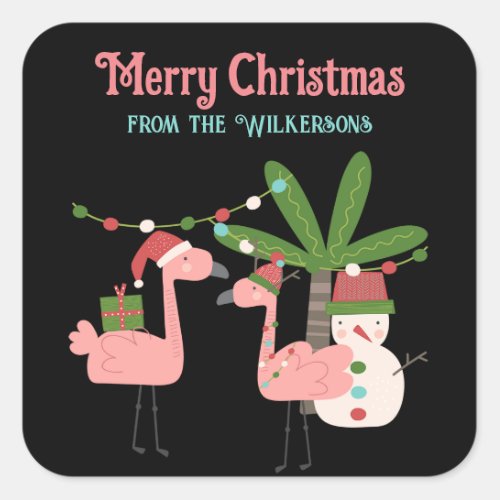 Tropical Christmas Pink Flamingos on Black Square Sticker