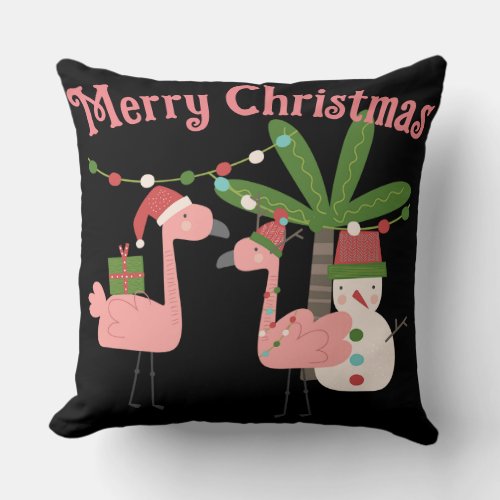 Tropical Christmas Pink Flamingos on Black Throw Pillow