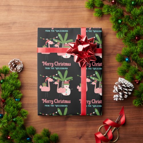 Tropical Christmas Pink Flamingos on Black Wrapping Paper