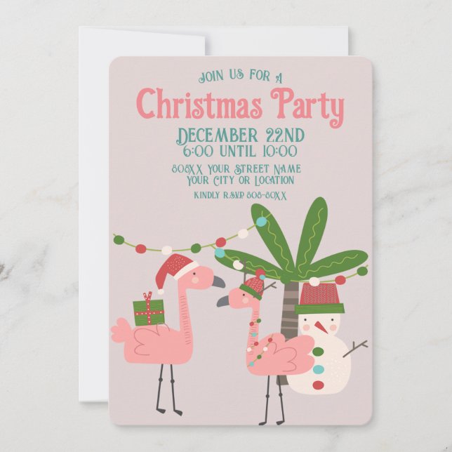 Tropical Christmas Pink Flamingos on Blush Invitation (Front)