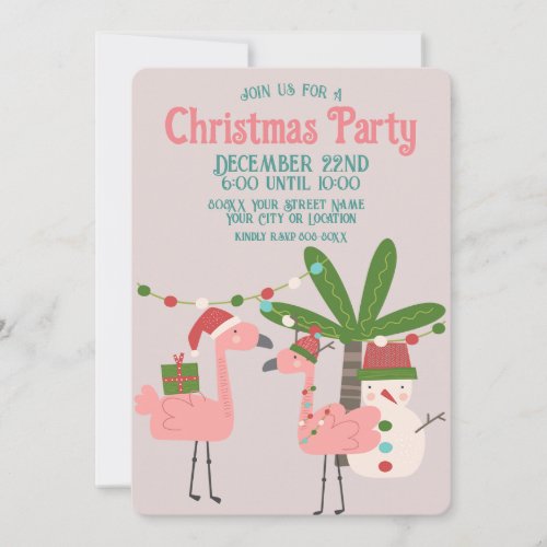 Tropical Christmas Pink Flamingos on Blush Invitation