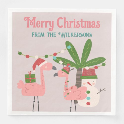 Tropical Christmas Pink Flamingos on Blush Paper Dinner Napkins