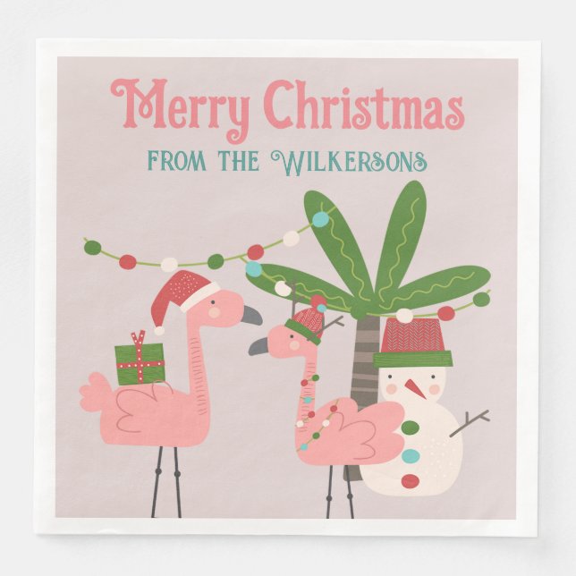 Tropical Christmas Pink Flamingos on Blush Paper Dinner Napkins (Front)