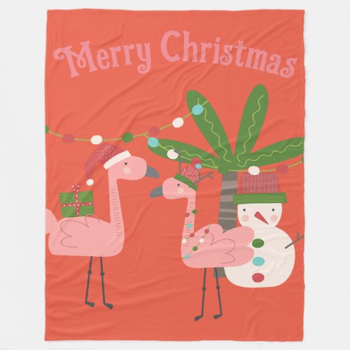 Tropical Christmas Pink Flamingos on Orange Fleece Blanket