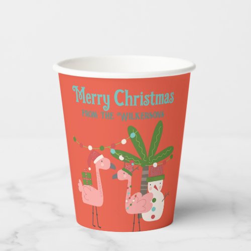 Tropical Christmas Pink Flamingos on Orange Paper Cups