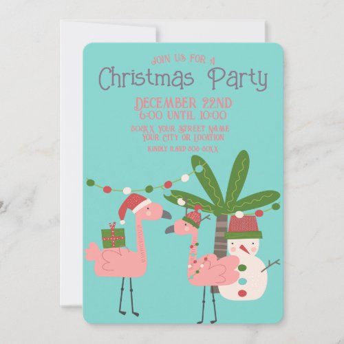 Tropical Christmas Pink Flamingos on Teal Invitation