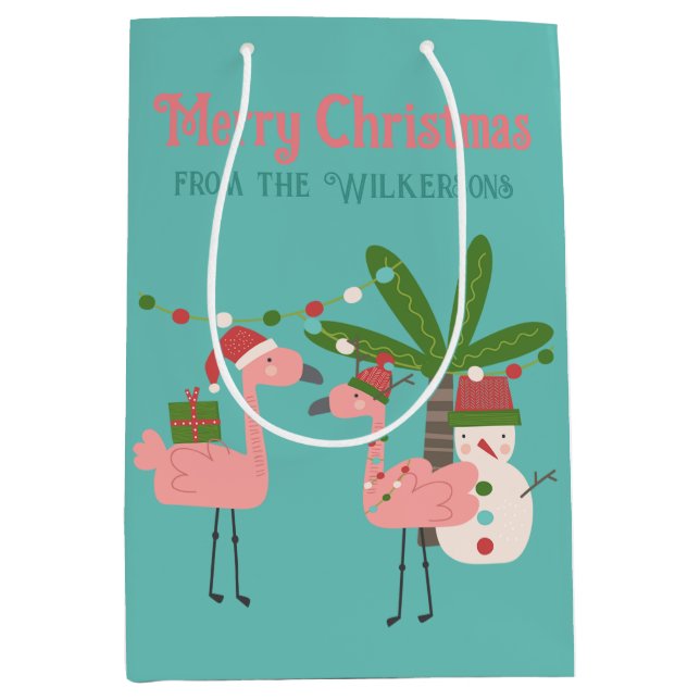 Tropical Christmas Pink Flamingos on Teal Medium Gift Bag (Front)