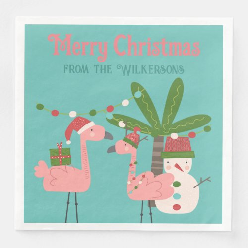 Tropical Christmas Pink Flamingos on Teal Paper Dinner Napkins