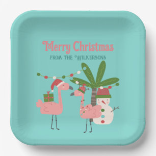Tropical Christmas Pink Flamingos on Teal Paper Plates