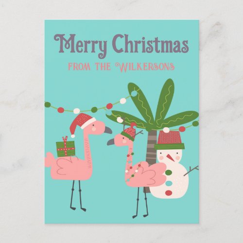 Tropical Christmas Pink Flamingos on Teal Postcard