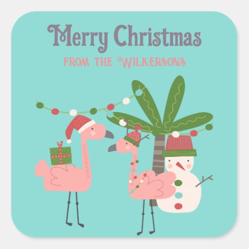 Tropical Christmas Pink Flamingos on Teal Square Sticker