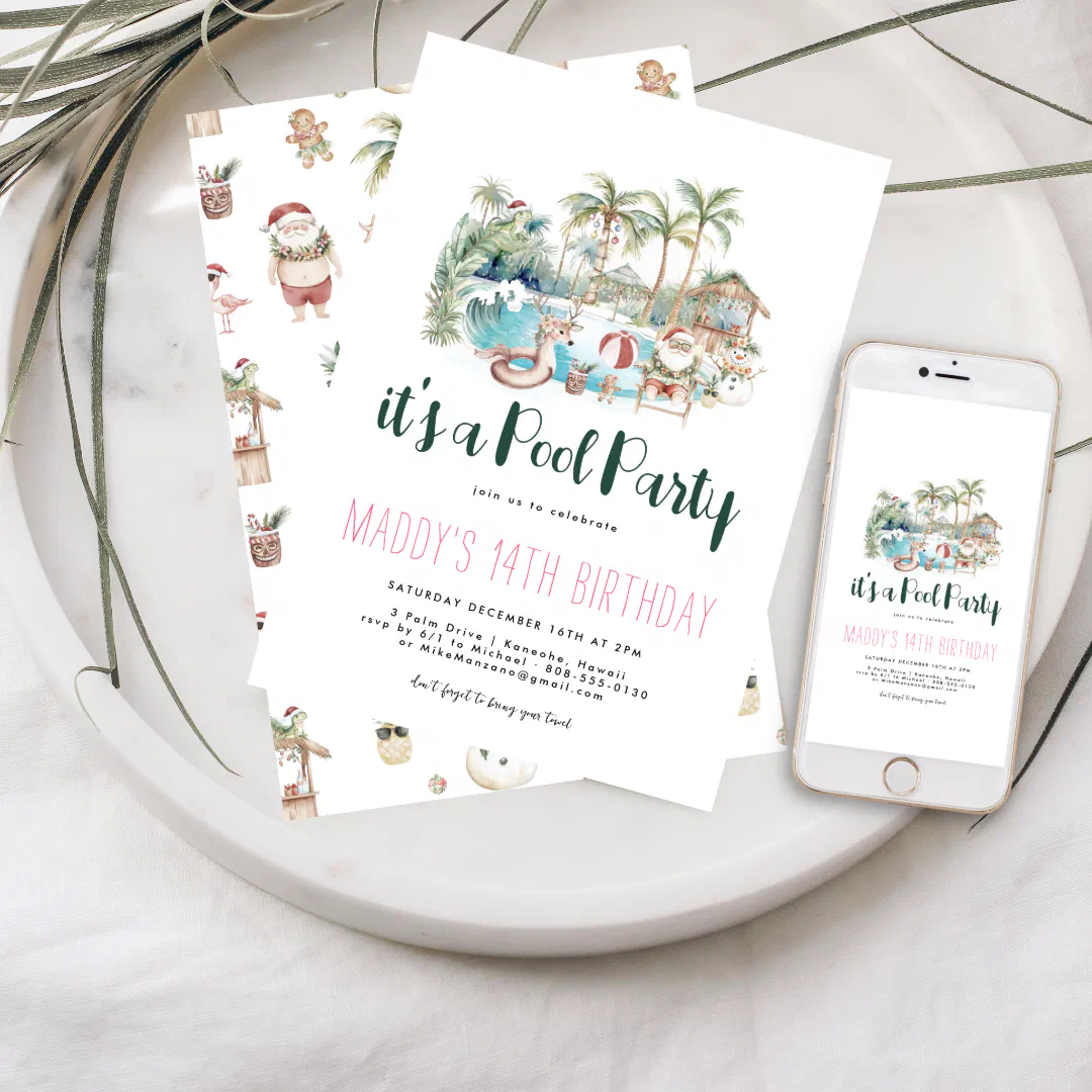 Tropical Christmas Pool Party Birthday Invitation
