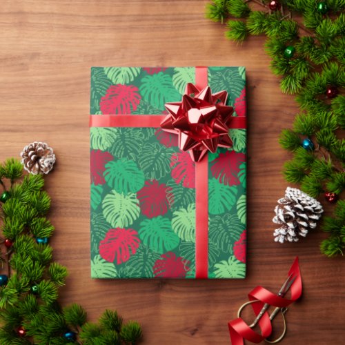 Tropical Christmas Red Green Palm Leaves Wrapping Paper