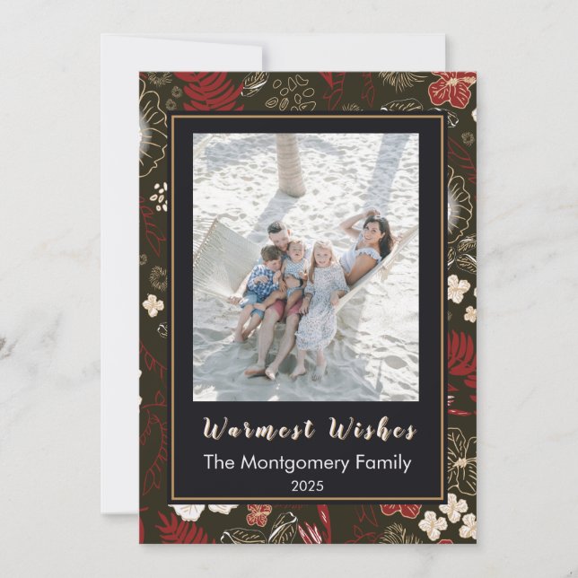 Tropical Christmas Red Hibiscus Palm Warm Wishes Holiday Card (Front)