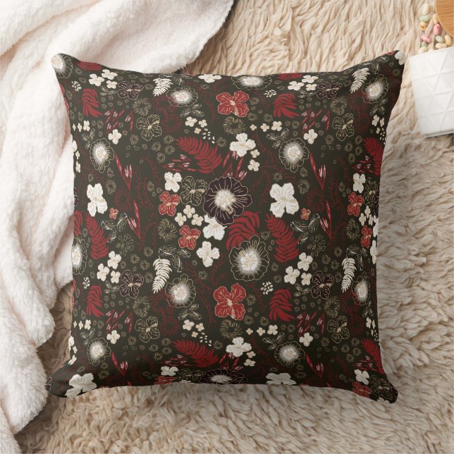 Tropical Christmas Red Sage Black Hibiscus Floral Throw Pillow (Blanket)