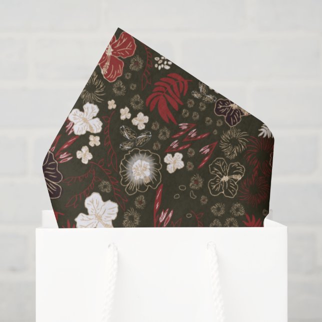 Tropical Christmas Red Sage Black Hibiscus Floral Tissue Paper (Gift Bag)