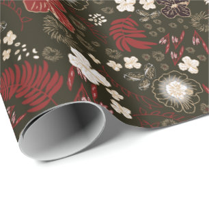 Tropical Christmas Red Sage Black Hibiscus Floral Wrapping Paper