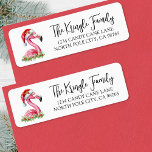 Tropical Christmas Return Address Label<br><div class="desc">This festive return address label features a charming watercolor pink flamingo wearing a Santa hat, with green holly and red berries at the bottom for a cheerful holiday touch. The artwork appears on the left, while your name and address are on the right in simple black fonts for a clean,...</div>
