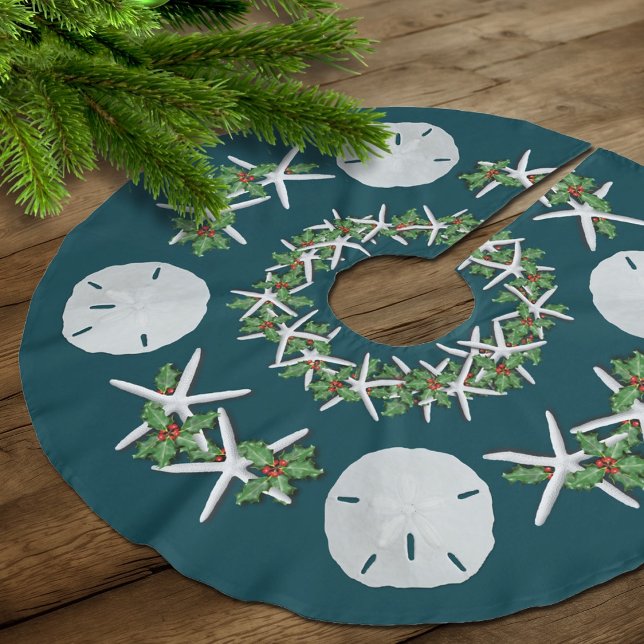 Tropical Christmas Sand Dollars Starfish Teal Brushed Polyester Tree Skirt (Creator Uploaded)