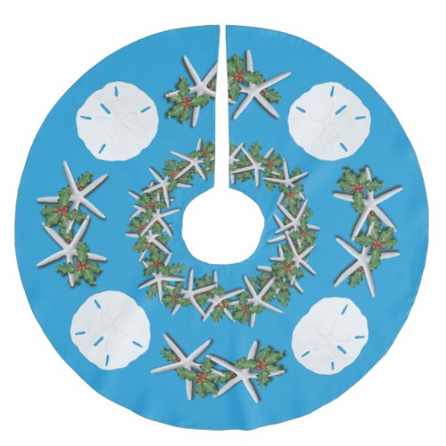 Tropical Christmas Sand Dollars Starfish Teal Brushed Polyester Tree Skirt