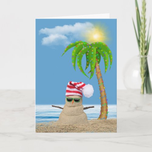 tropical Christmas sand man and palm tree Card