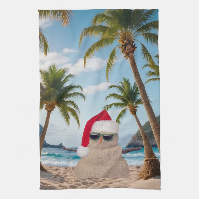 Tropical Christmas Sand Man Kitchen Towel (Vertical)