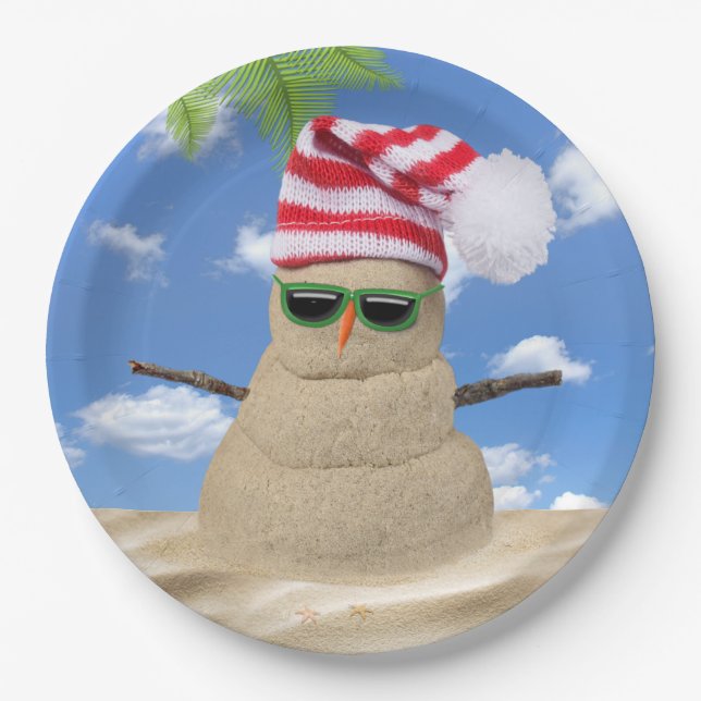 Tropical Christmas Sand Snowman Paper Plates (Front)