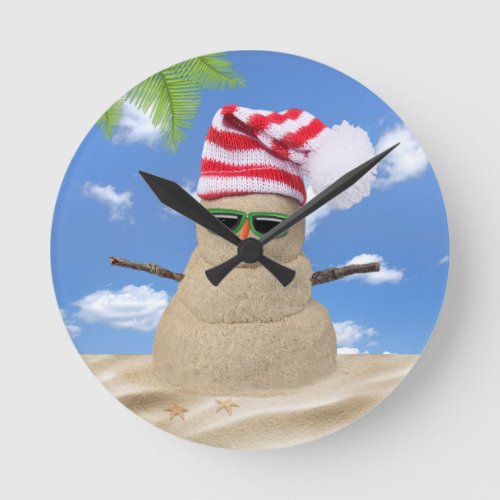 Tropical Christmas Sand Snowman Round Clock