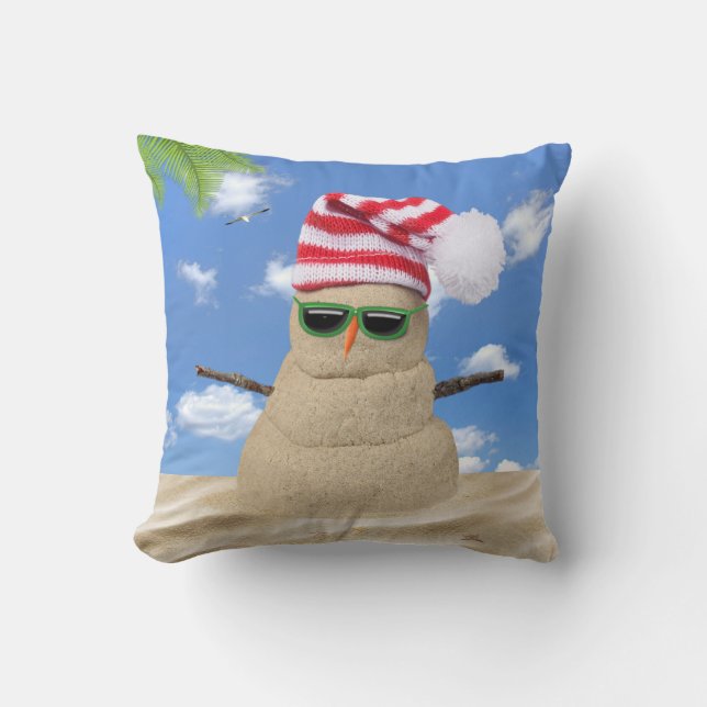 Tropical Christmas Sand Snowman Throw Pillow (Front)