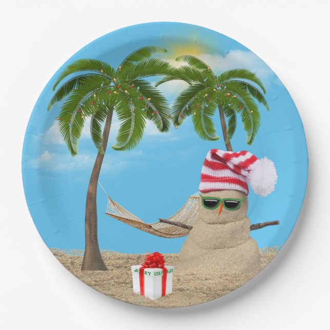 Tropical Christmas Sandman With Hammock Paper Plates (Front)