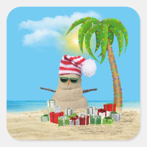 Tropical Christmas Sandman With Palm Tree Square Sticker