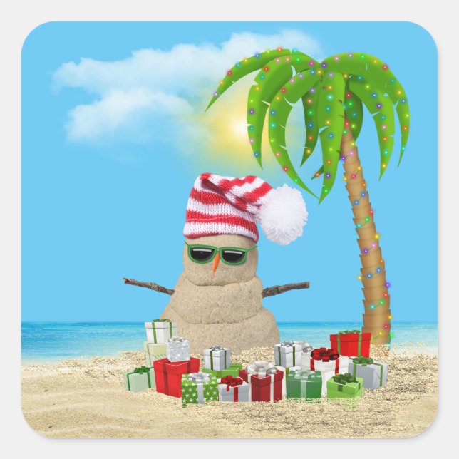 Tropical Christmas Sandman With Palm Tree Square Sticker (Front)