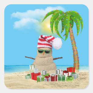 Tropical Christmas Sandman With Palm Tree Square Sticker