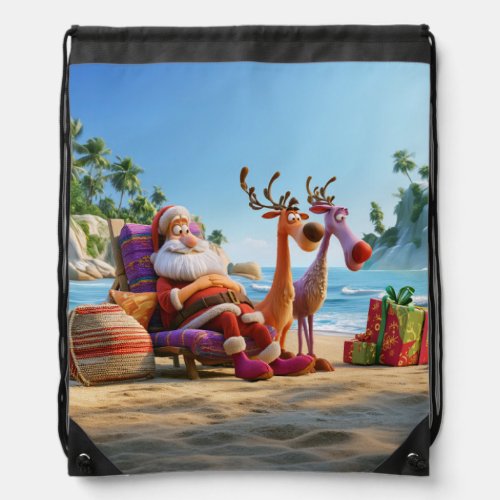 Tropical Christmas Santa and Reindeer Beach Drawstring Bag