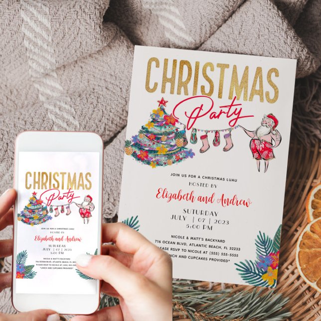 Tropical Christmas Santa Invitation Card (Tropical Christmas Party Invitation)