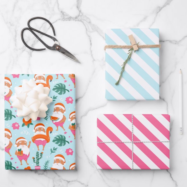 Tropical Christmas Santa Wrapping Paper Set of 3 (Front)