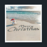 Tropical Christmas Snowman On a Beach Napkins<br><div class="desc">A small sand snowman wearing a Santa hat stands on a sandy beach with "Merry Christmas" written in the sand</div>