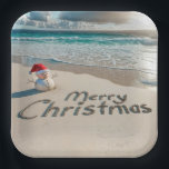 Tropical Christmas Snowman On a Beach Paper Plates<br><div class="desc">A small sand snowman wearing a Santa hat stands on an ocean beach with "Merry Christmas" written in the sand</div>