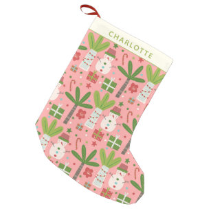 Tropical Christmas Snowmen Pink Green Personalized Small Christmas Stocking