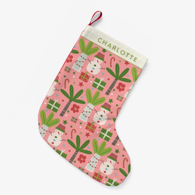 Tropical Christmas Snowmen Pink Green Personalized Small Christmas Stocking (Front (Hanging))