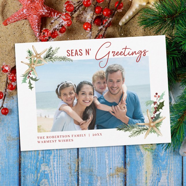Tropical Christmas Starfish Seas N Greetings Photo Holiday Card (Creator Uploaded)