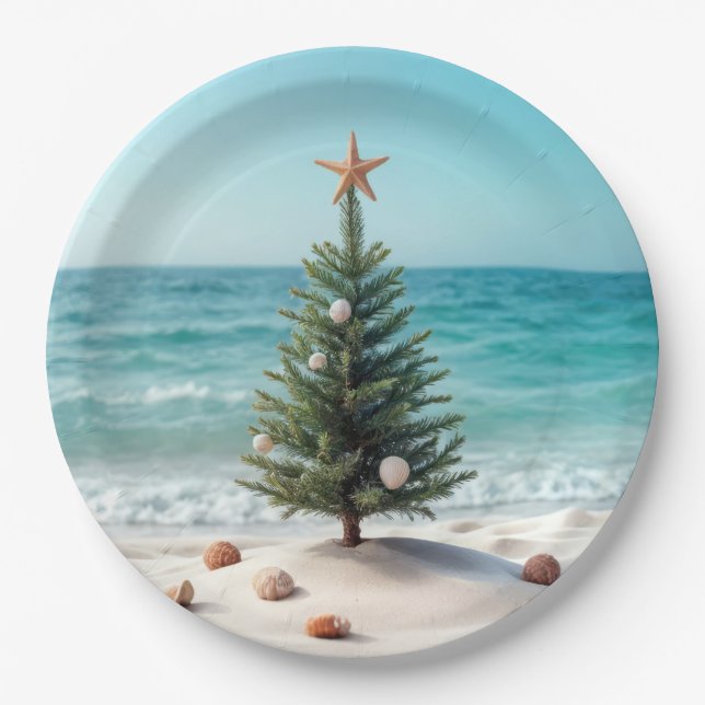 Tropical Christmas Tree On a Beach Paper Plates (Front)