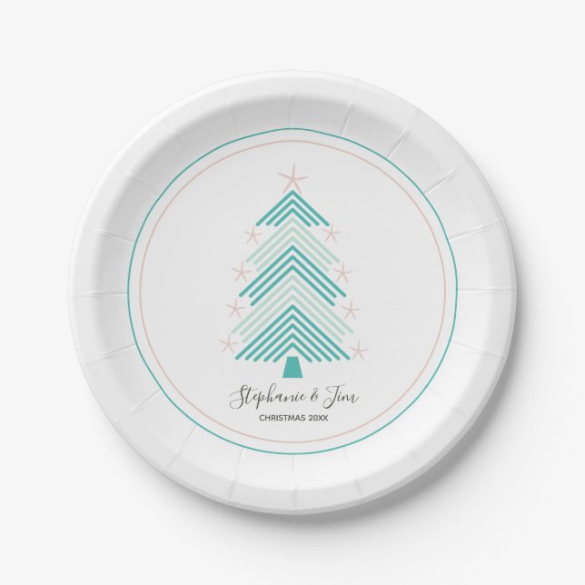 Tropical Christmas Tree Pink Starfish Paper Plates (Front)