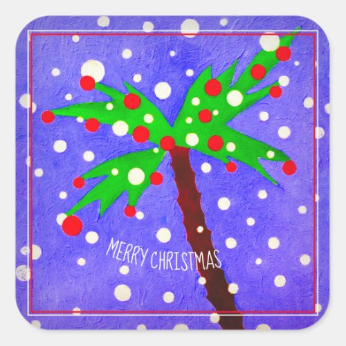 Tropical Christmas tree snow dots Merry Christmas Square Sticker