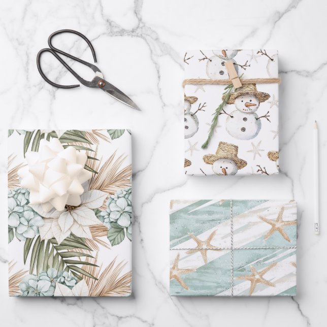 Tropical Christmas Watercolor Snowmen & Starfish Wrapping Paper Sheets (Front)