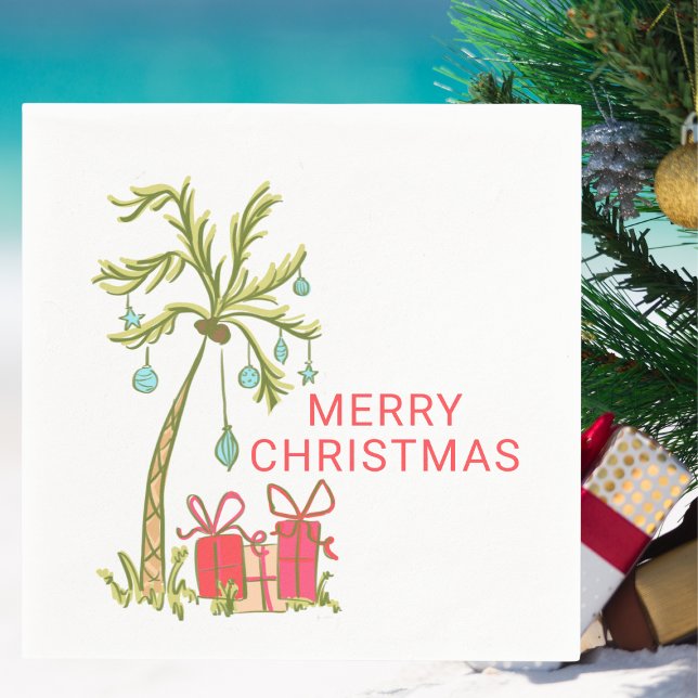 Tropical Christmas with Palm Tree Presents Coastal Napkins (Creator Uploaded)