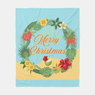 Tropical Christmas Wreath Fleece Blanket